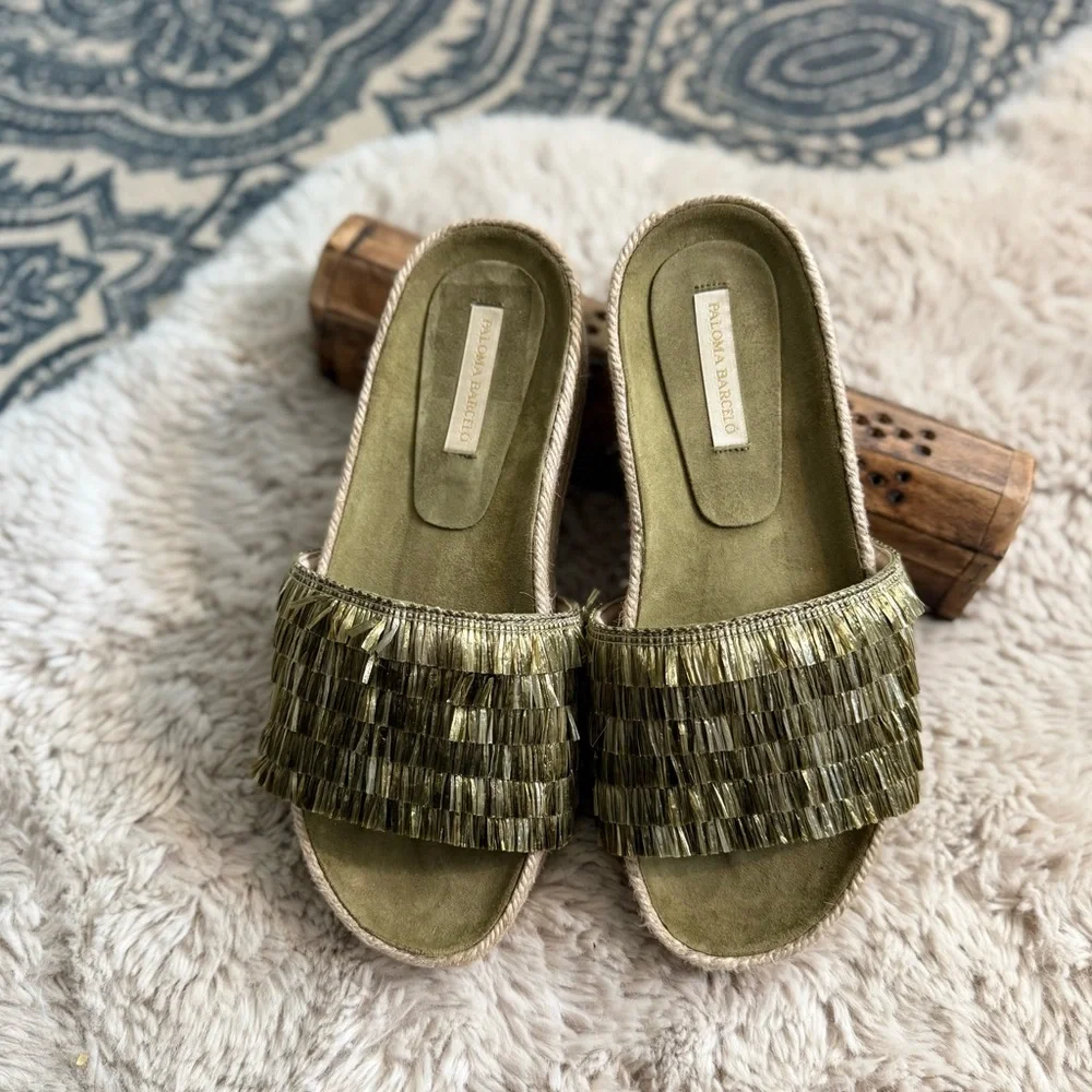 Paloma Barceló Olive Green Raffia Platform Slide Sandals - Picture 2 of 11